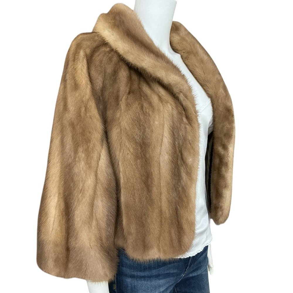 VTG Helen of Memphis Real Mink Fur Cape Jacket Stole Shawl Pastel Golden Brown S - Picture 7 of 16
